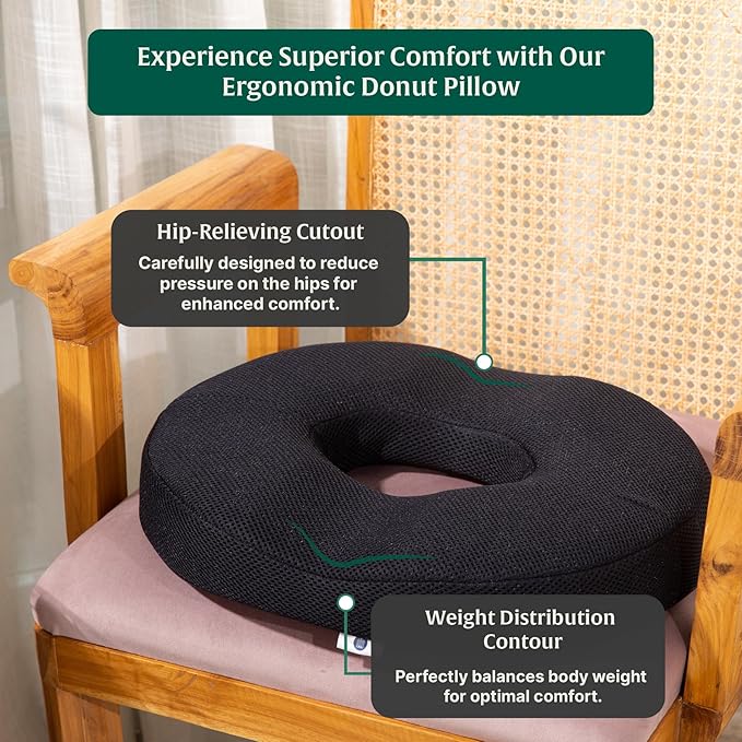 the white willow donut pillow – medium firm hr memory foam coccyx seat cushion for tailbone, hemorrhoid & piles pain relief – car & office chair – above 60kg – classic black the white willow donut pillow – medium firm hr memory foam coccyx seat cushion for tailbone, hemorrhoid & piles pain relief – car & office chair – above 60kg – classic black
